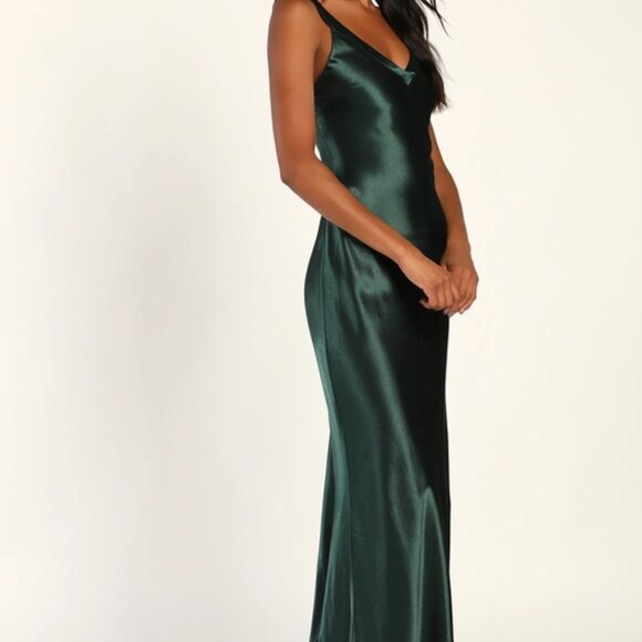 Lulus Perfectly Classy Emerald Green Satin Strappy Maxi Dress - Size XS - Picture 3 of 6